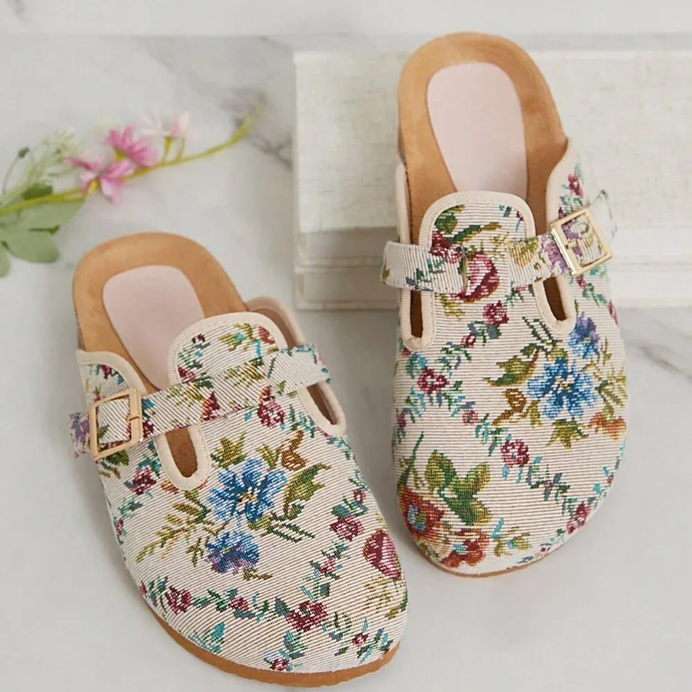 Multicolor Elegant Women's Floral Print Round Toe Adjustable Buckle Strap Flats